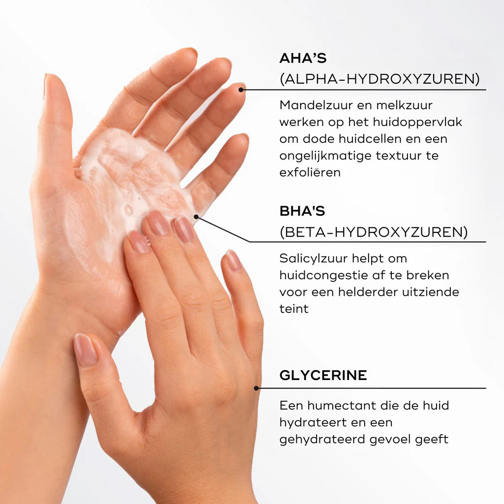 Amandelzuur en melkzuur samen met Salicylzuur, Mangosteen en Glycerine geeft een optimaal huidresultaat