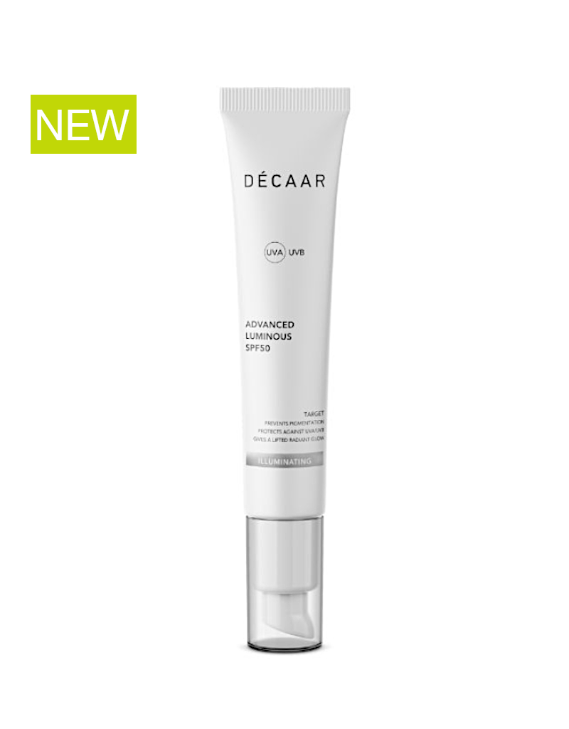 Décaar Advanced Luminous spf50 een prachtige zonbescherming tegen overmatige pigmentering en donkere vlekken. Hydrateert en verzorgt.