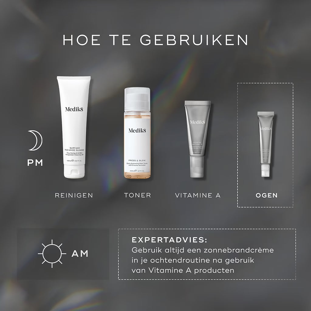Wanneer je bruik je de Retinal oogcrème? Natuurlijk in de nacht nadat je de Crystal Retinal 6 voor de nacht op je gezicht hebt aangebracht