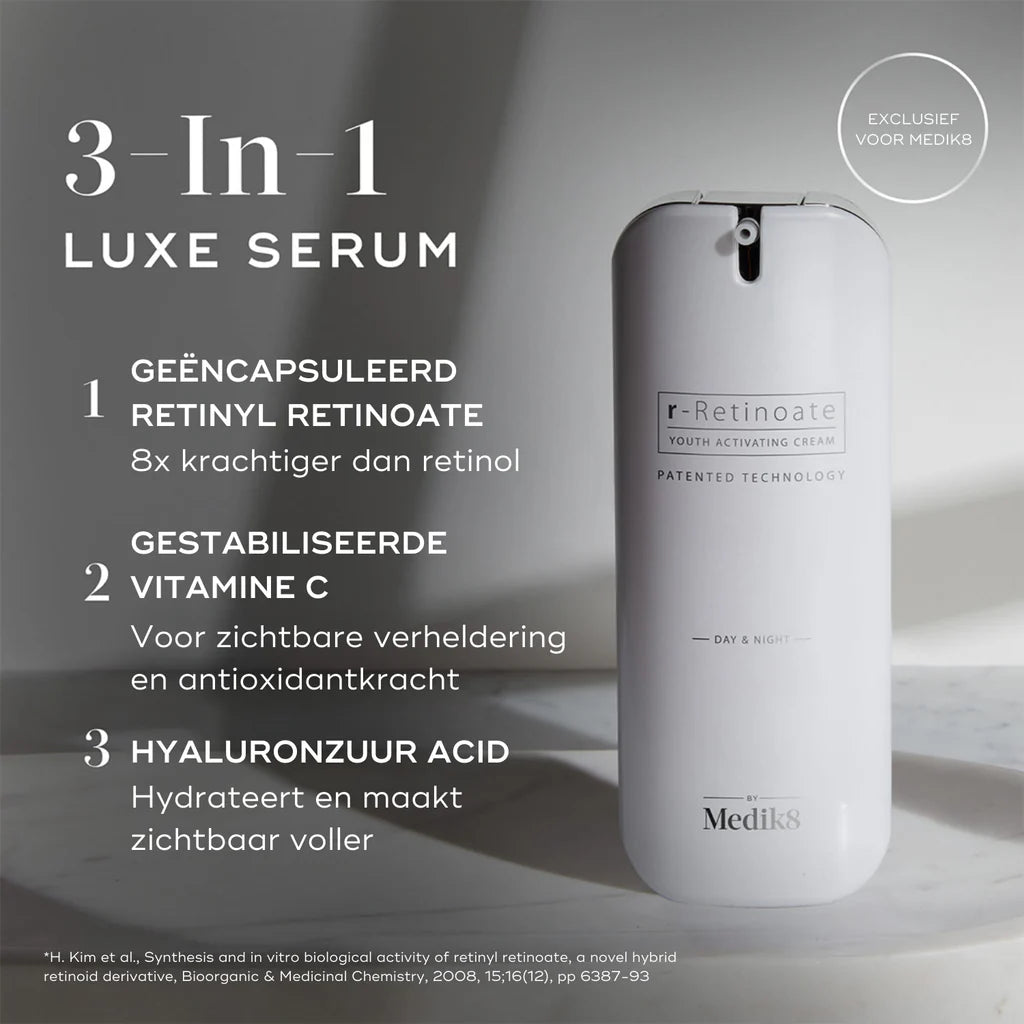 Deze luxe dag en nachtcrème is 8 x krachtiger dan retinol, heeft gestabiliseerde Vitamine C en hyaluronzuur. Perfect voor voeding, hydratatie en verjonging van de huid.