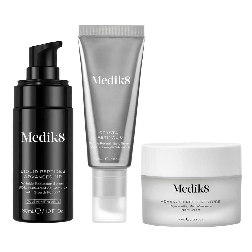 Medik8 Liquid Peptides Advanced MP & Crystal Retinal 6 & Advanced Night Restore in luxe toilettas