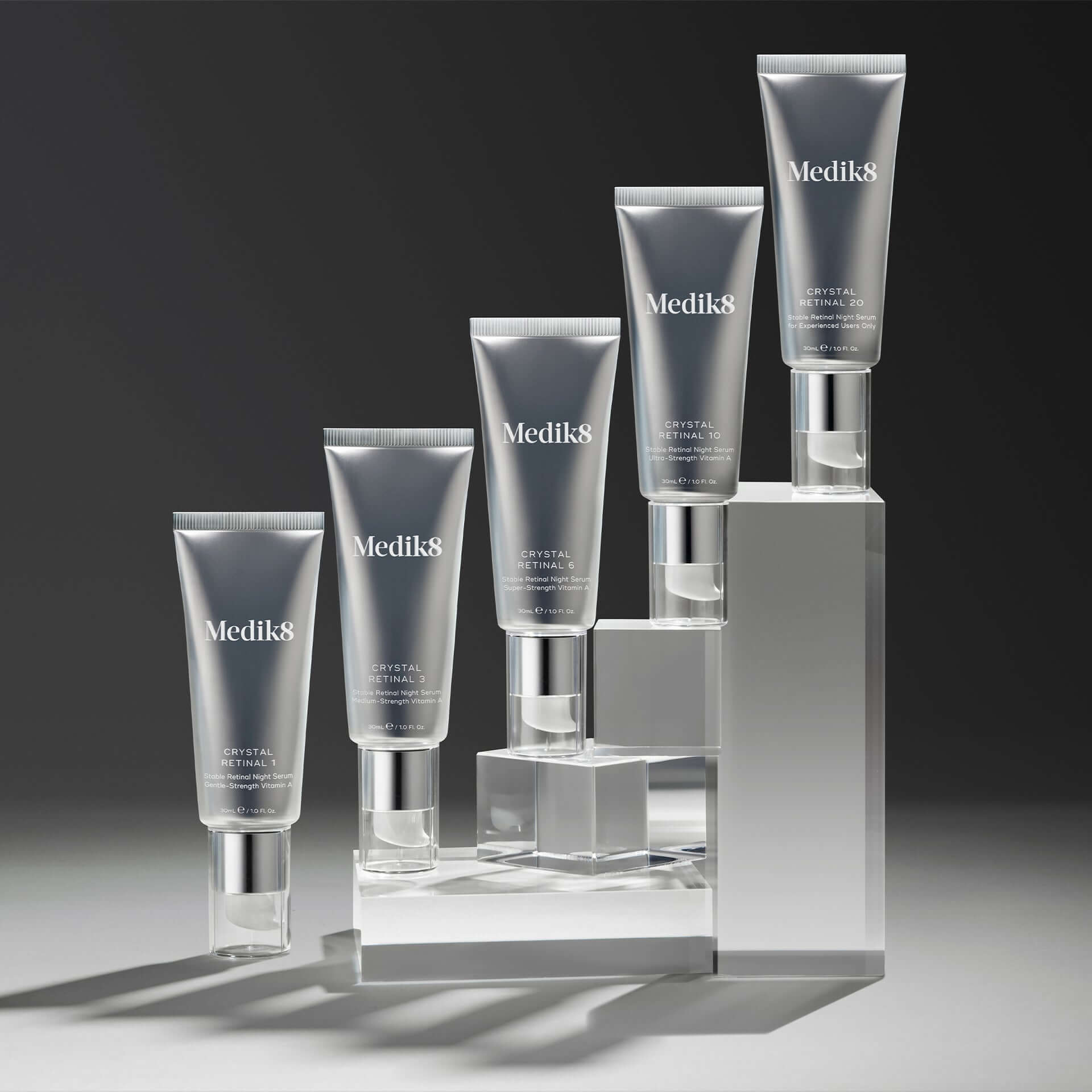 Crystal Retinal Serum 1: Voor mensen met een gevoelige huid.
Crystal Retinal Serum 3: Voor nieuwe vitamine A-gebruikers.
Crystal Retinal Serum 6: Voor regelmatige vitamine A-gebruikers.
Crystal Retinal Serum 10: Voor gevorderde vitamine A-gebruikers.
Crystal Retinal Serum 20: Voor ervaren vitamine A-gebruikers.
Crystal Retinal Serum 24: Voor expert vitamine A-gebruikers.