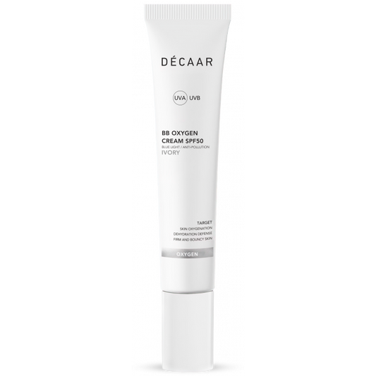 Décaar BB Oxygen Cream Ivory SPF50 50 ml. Geschikt voor de zeer lichte tot lichte huid. Zeer goede bescherming tegen UV-licht. Camoufleert pigmentvlekjes en onzuiverheden. Zorgt voor een natuurlijke look.