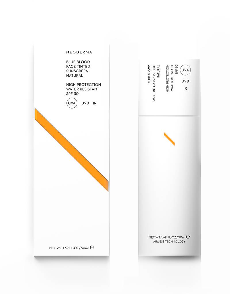 Neoderma Blue Blood Face Tinted Sunscreen Natural SPF30 gekleurde zonbescherming. Door de toevoeging van perfluorcarbon beschermt de creme tegen de vrije radicalen