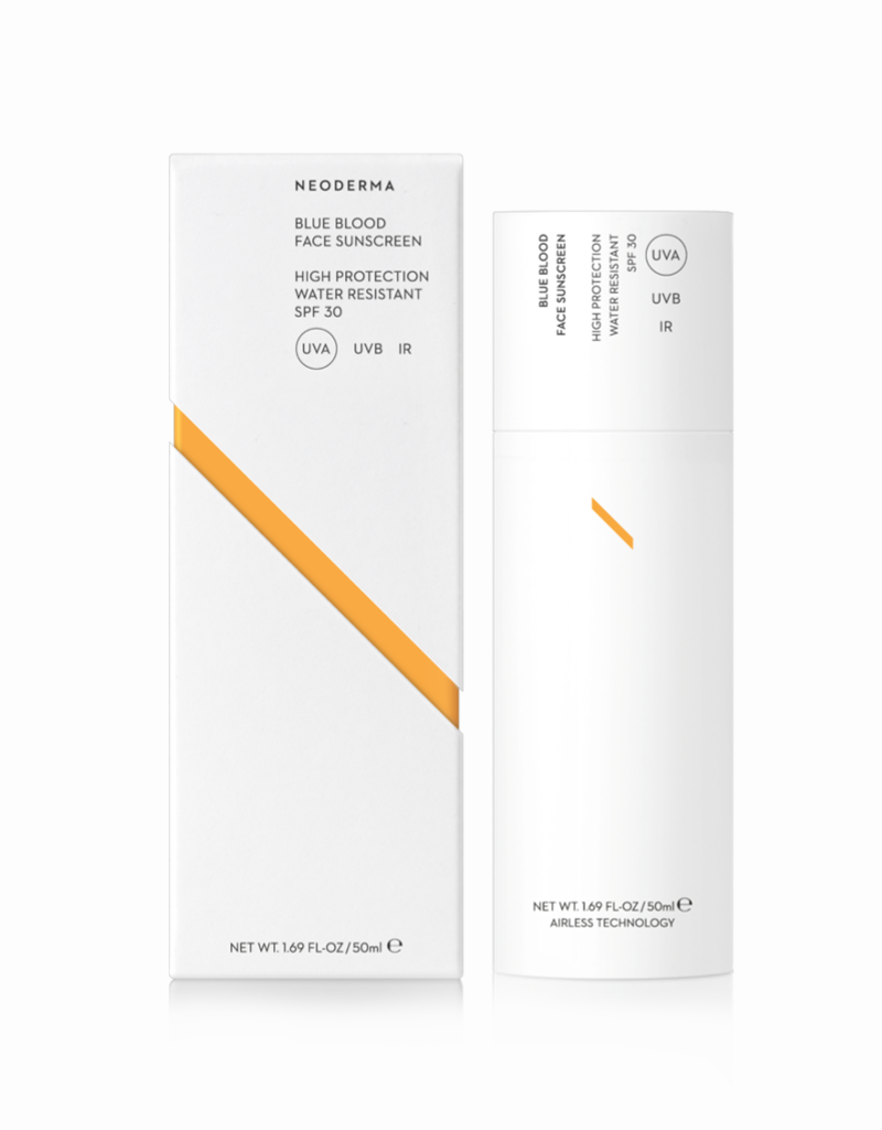 Neoderma Blue Blood Face Sunscreen Spf30 zonbescherming welke gelijk de schadelijke gevolgen van de zon elimineert doordat het ingrediënt perfluorcarbon zuurstof in de huid transporteert.